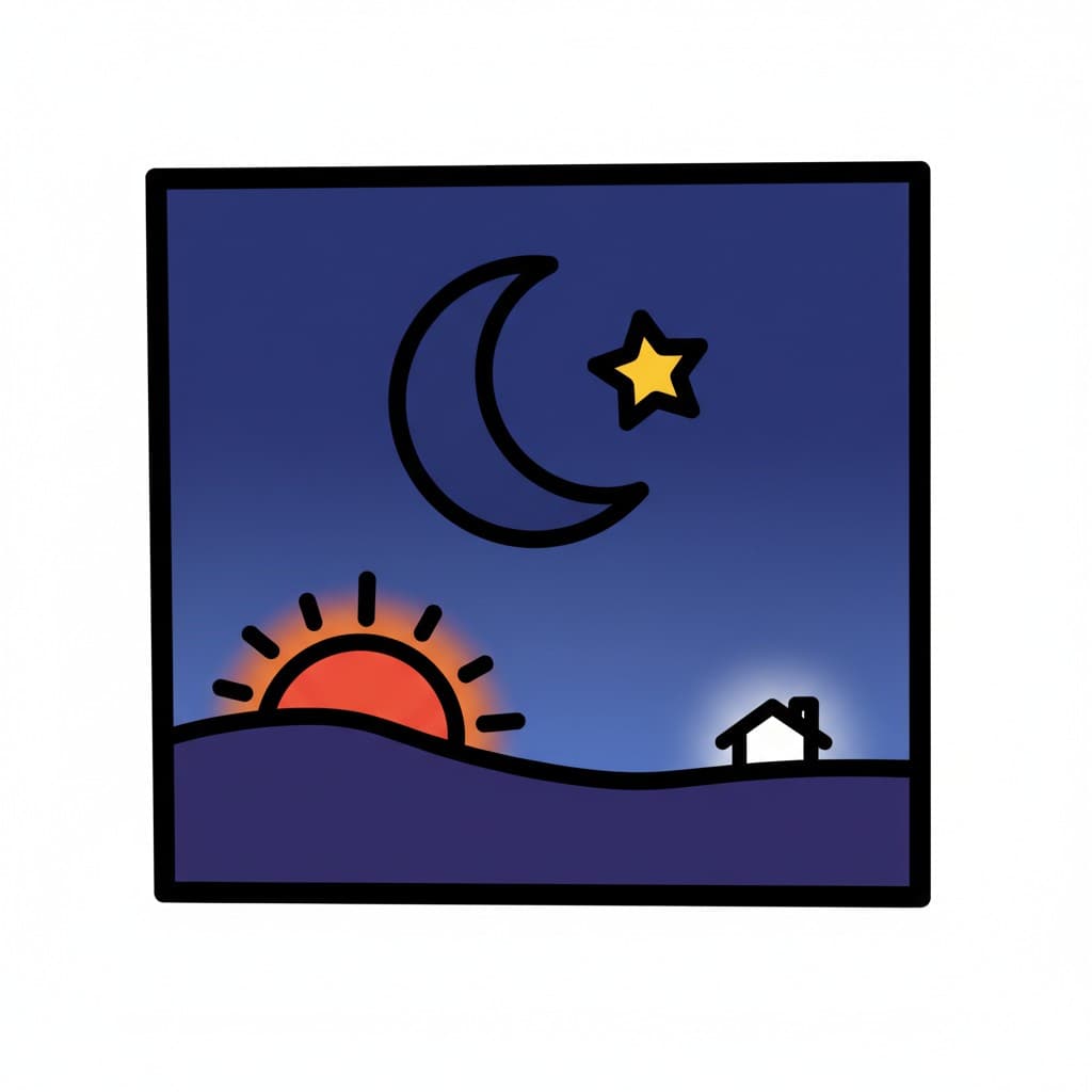 Illustration of the evening sky with a setting sun, a crescent moon, a star, and a house with a lit window.