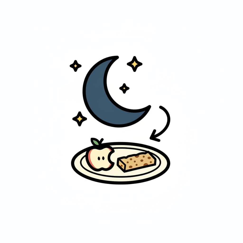 An icon showing a crescent moon and stars, with an apple slice and a snack bar on a plate.