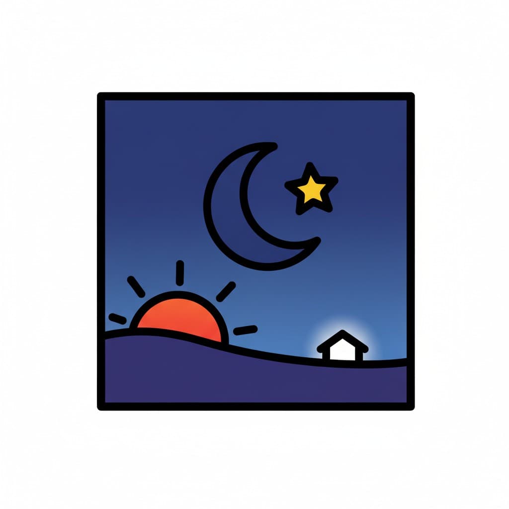 An illustration showing the transition from day to night, with a red sunset over a purple hill, a crescent moon and a yellow star in a dark blue sky, and a small white house with a glowing window.