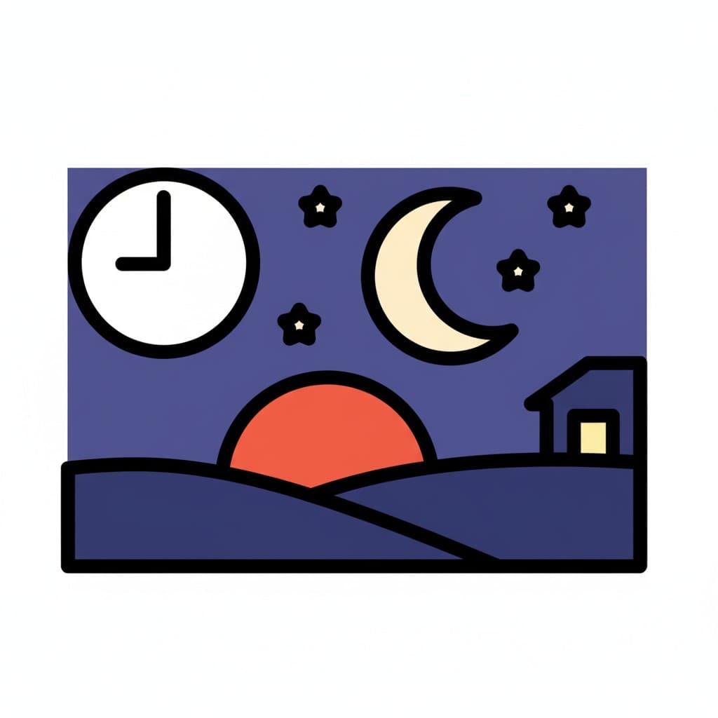 An image depicting evening time with a clock, moon, stars, a sunset, and a house in the horizon.