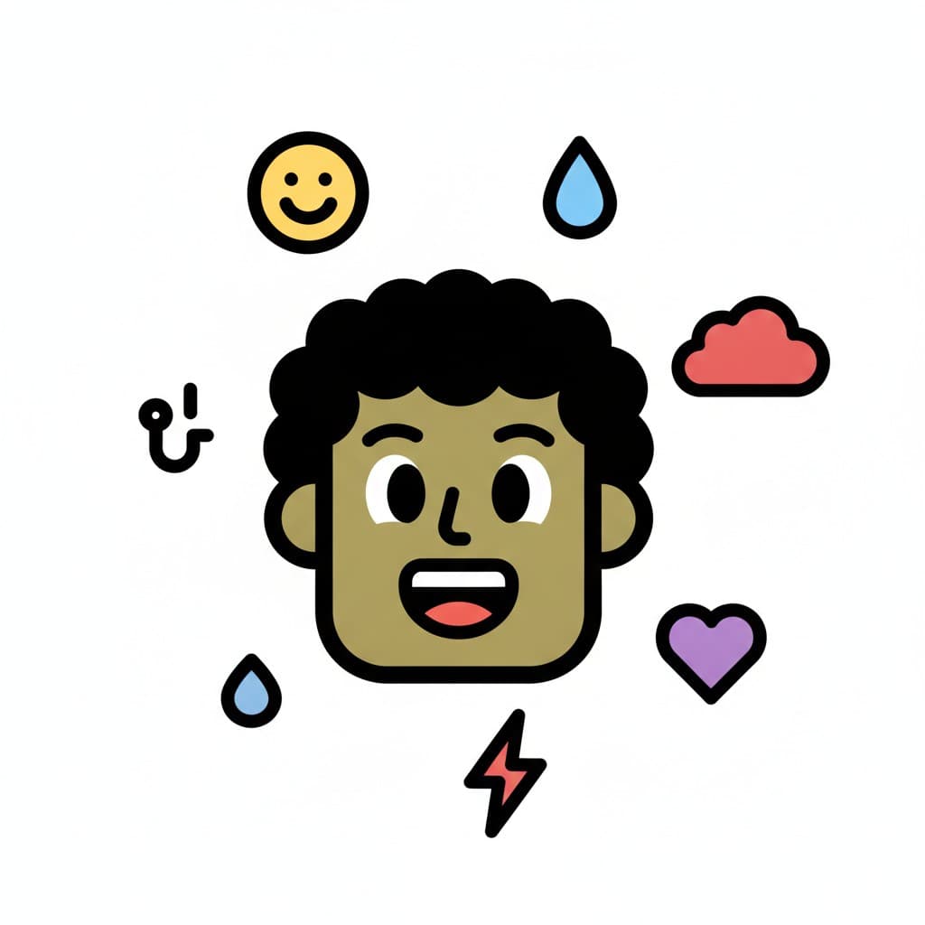 A face surrounded by icons for happiness, sadness, a cloud, a drop and a heart.