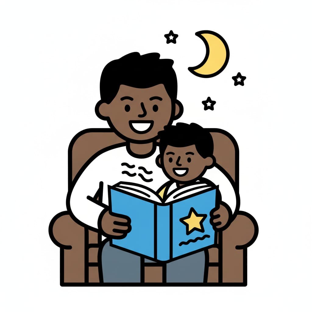 Ein Vater und ein Kind sitzen gemeinsam in einem braunen Sessel mit einem blauen Buch mit Stern darauf, darüber leuchten Mond und Sterne.
