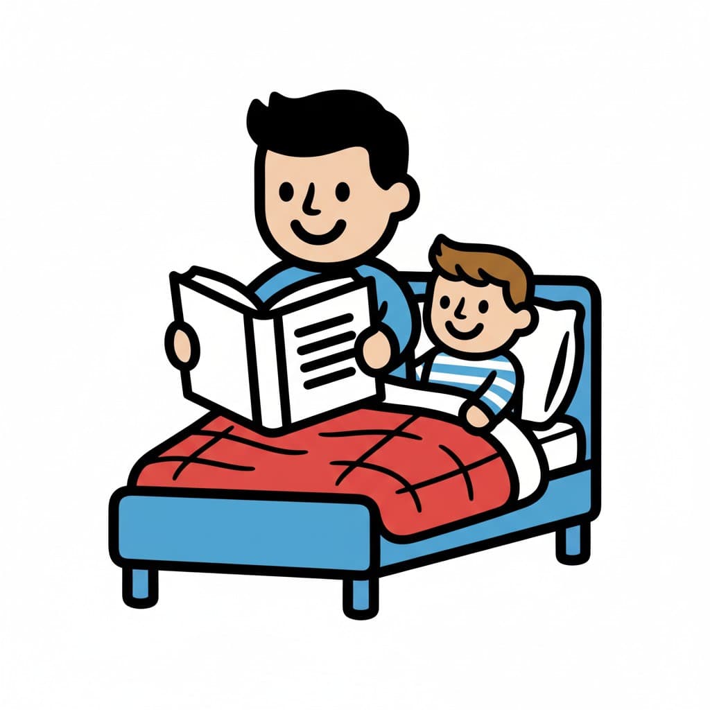 En far läser en bok för ett barn som ligger i sängen under ett täcke.