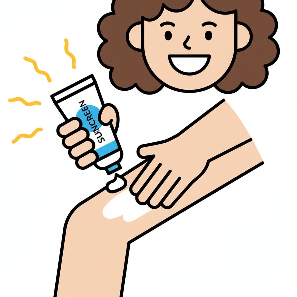 A person is applying sunscreen to their leg.