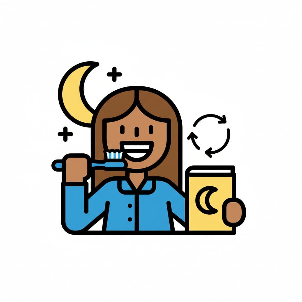 An illustration of a female character brushing her teeth as part of an evening routine. A crescent moon and routine symbols are in the background.