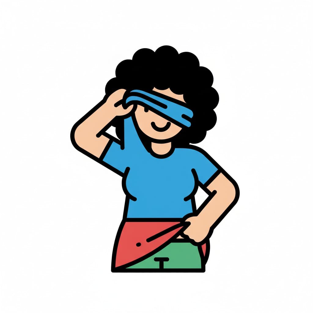 An illustration of a person changing clothes, pulling a blue shirt over their head and adjusting their bottom garment.
