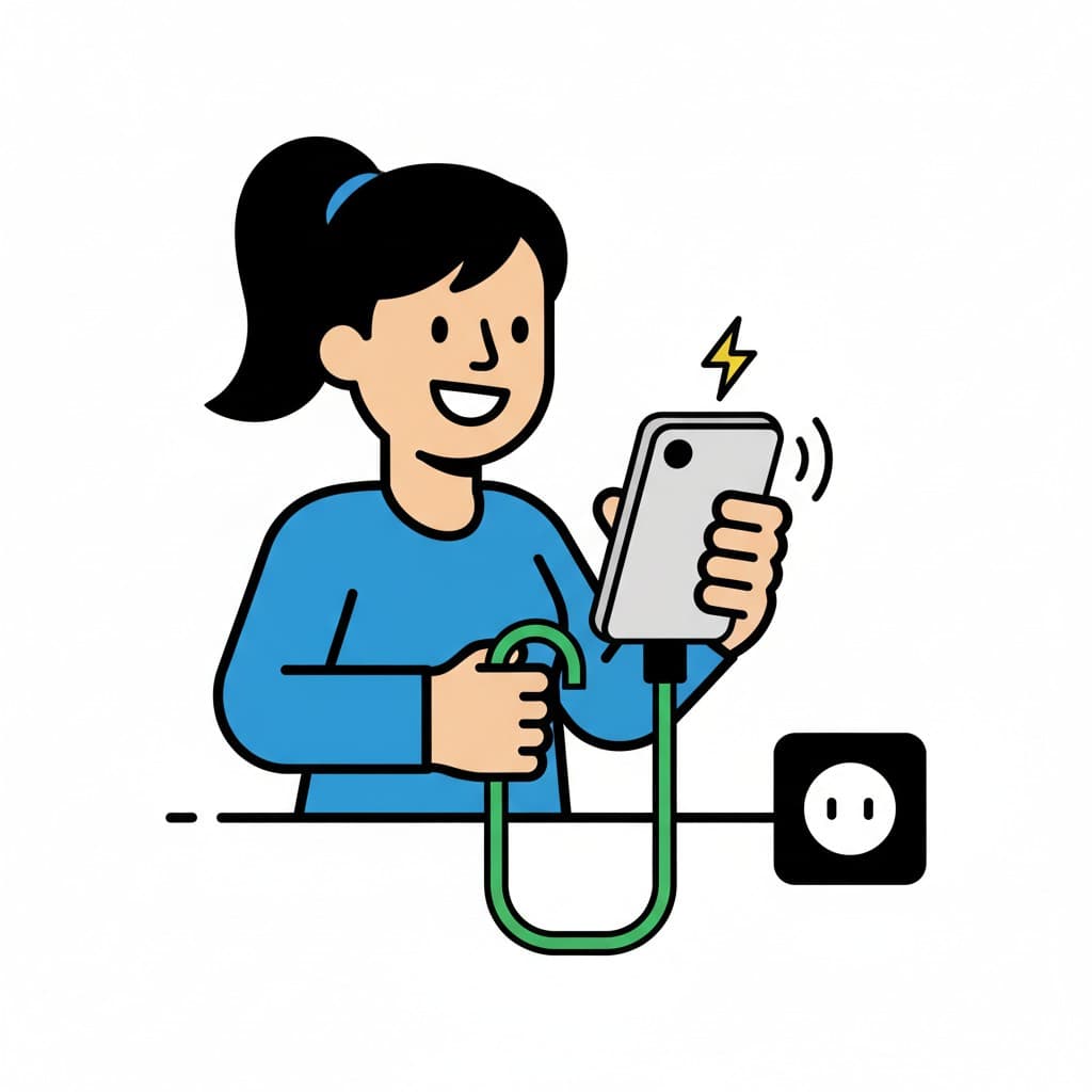 En person laddar sin telefon genom att koppla in den i ett vägguttag. En blixtsymbol syns vid telefonen.