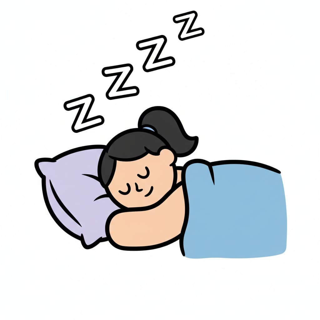 Et barn sover på en pute under et teppe med lukkede øyne og 'ZzZ'.