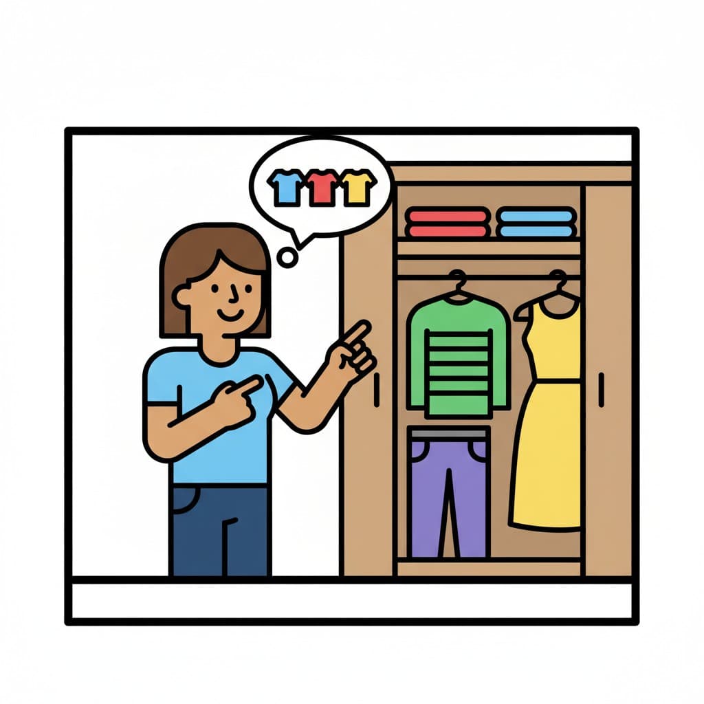 En person står framför en öppen garderob och pekar mot kläderna inuti. Tankebubblor ovanför huvudet visar olika klädesplagg, vilket symboliserar att personen väljer kläder.