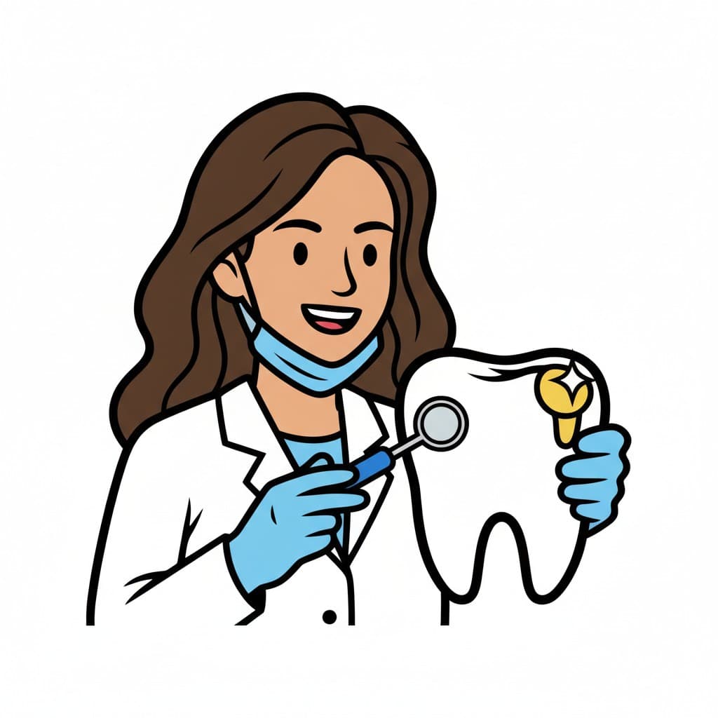 A dentist wearing a mask and gloves, holding a dental mirror and a healthy, sparkling tooth.