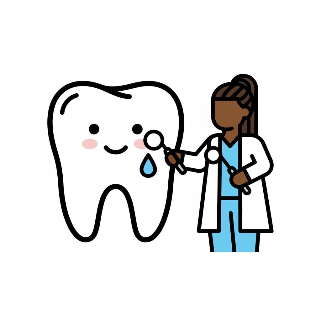 A dentist holding a dental mirror next to a cartoon tooth with a tear, indicating a problem.
