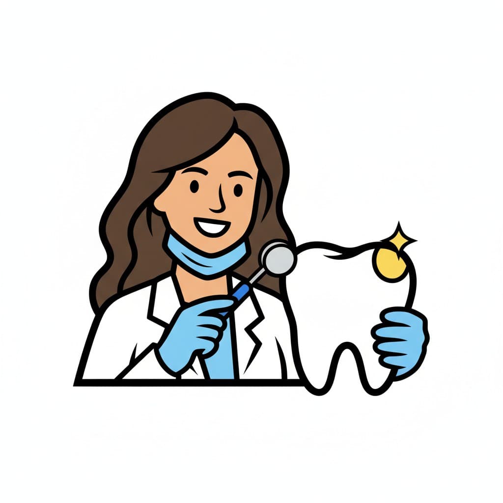 A dentist wearing a mask and gloves, holding a dental mirror and a clean, sparkling tooth.