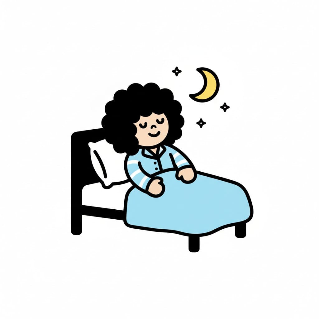 A person in blue pajamas is lying in bed, sleeping soundly under a light blue blanket. A crescent moon and stars are visible above, indicating nighttime.