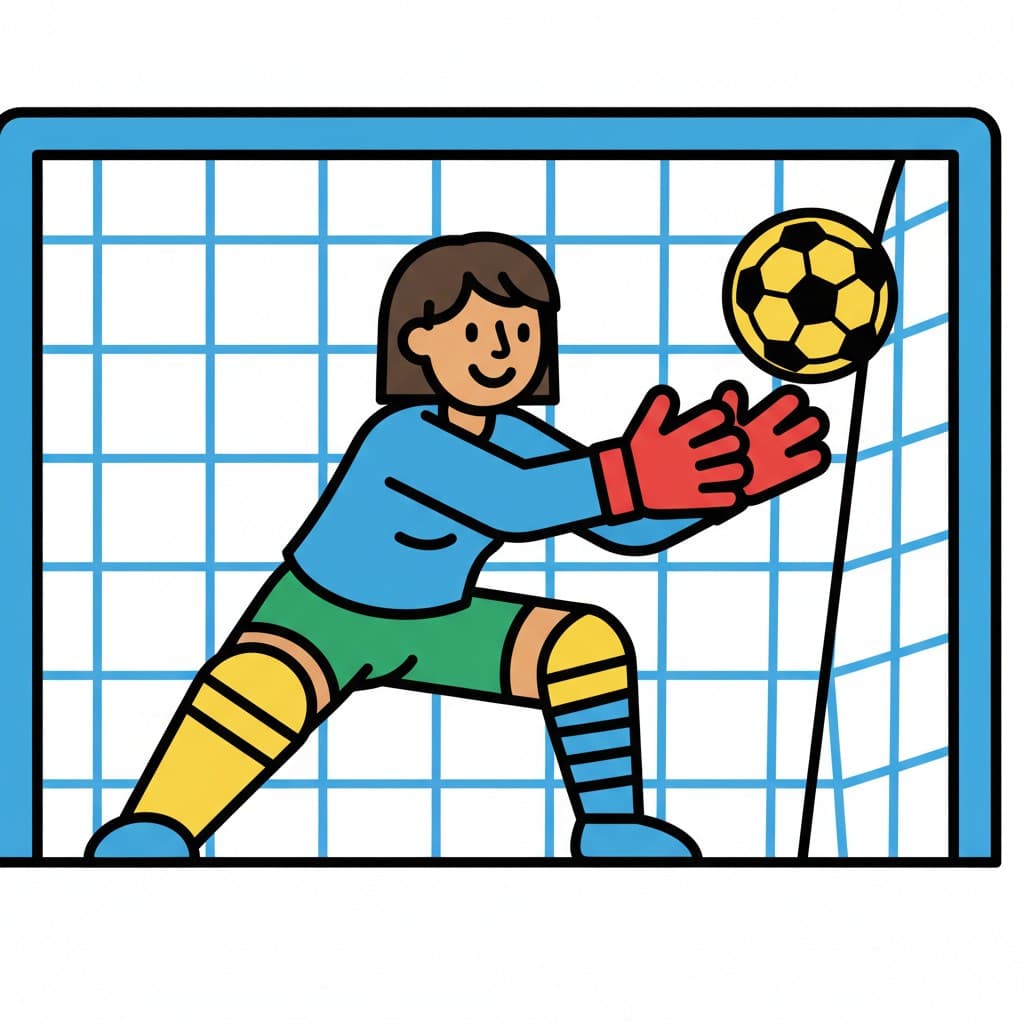 Kuva henkilöstä, joka pelaa maalivahtina jalkapallomaalissa, kädet ojennettuina jalkapallon kiinniottamiseksi.
