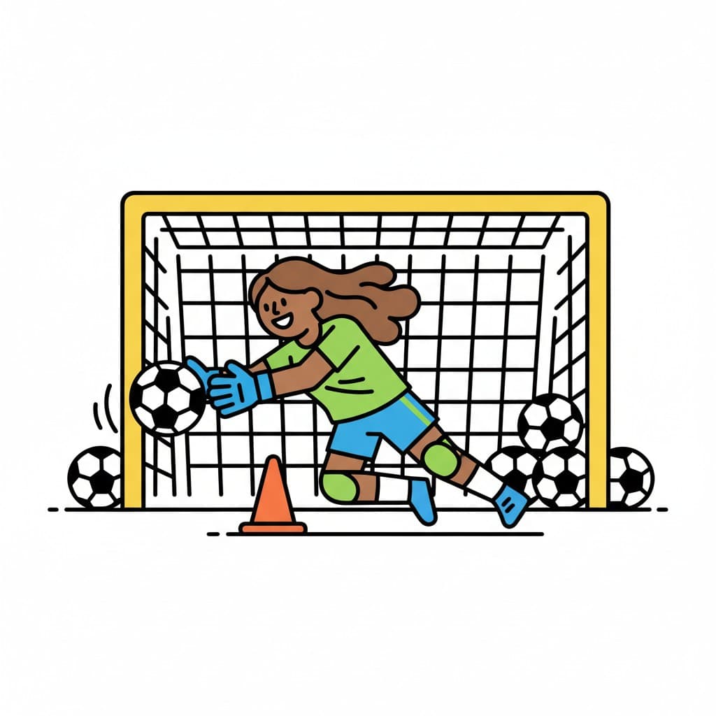 A person in goalkeeper gear dives to save a soccer ball in a goal.