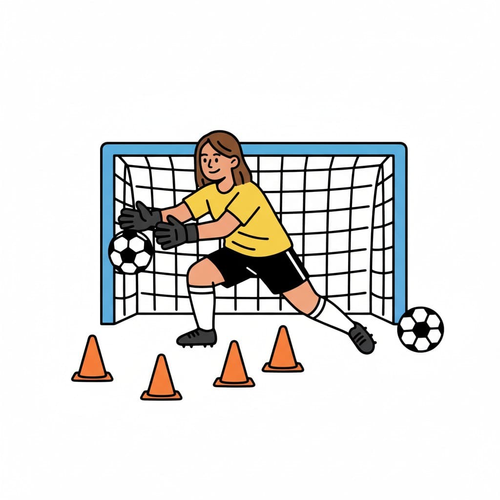 En kvinna i målvaktskläder tränar fotboll och håller en fotboll vid ett mål.