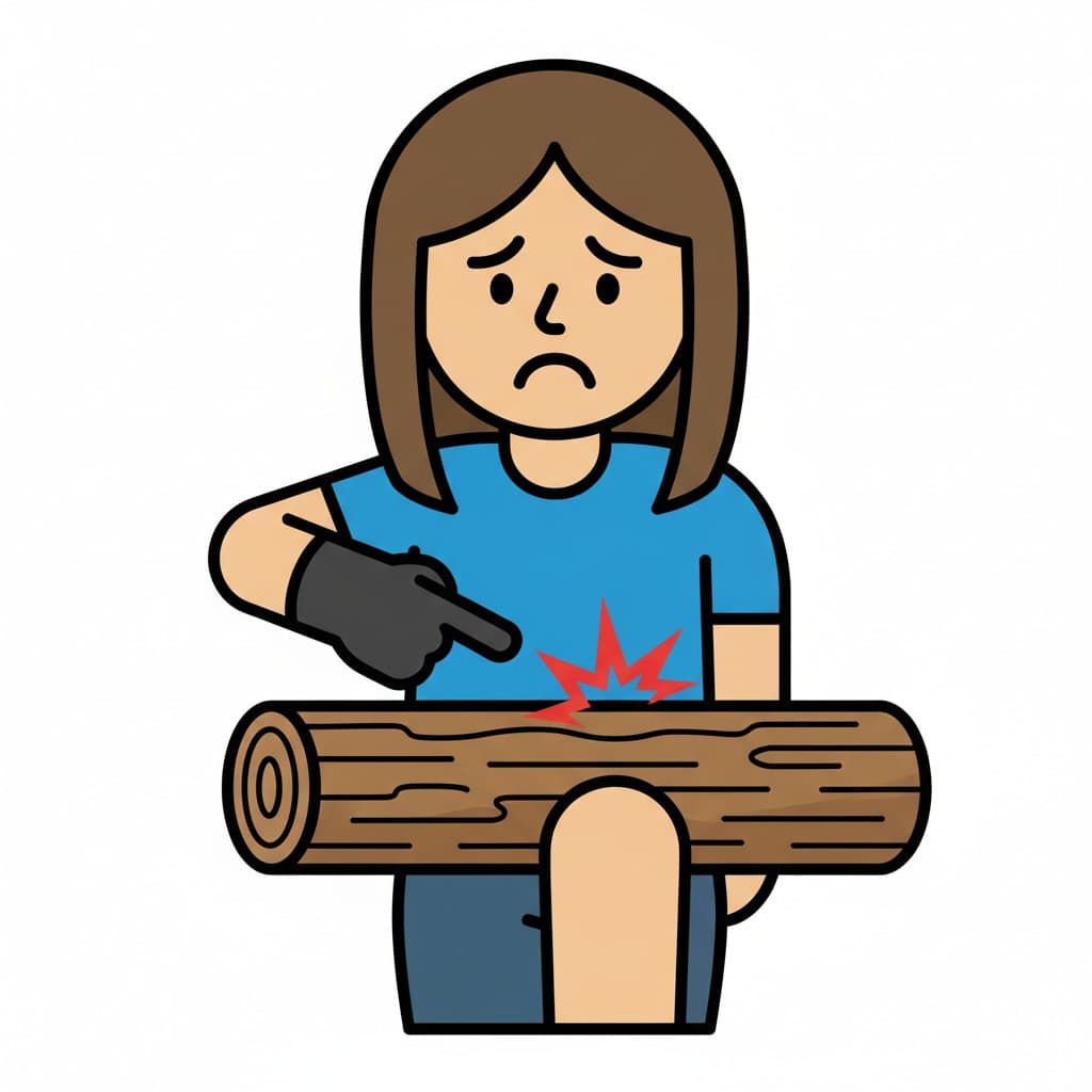 A person points at a log with a symbol indicating pain, representing logging pain or discomfort.