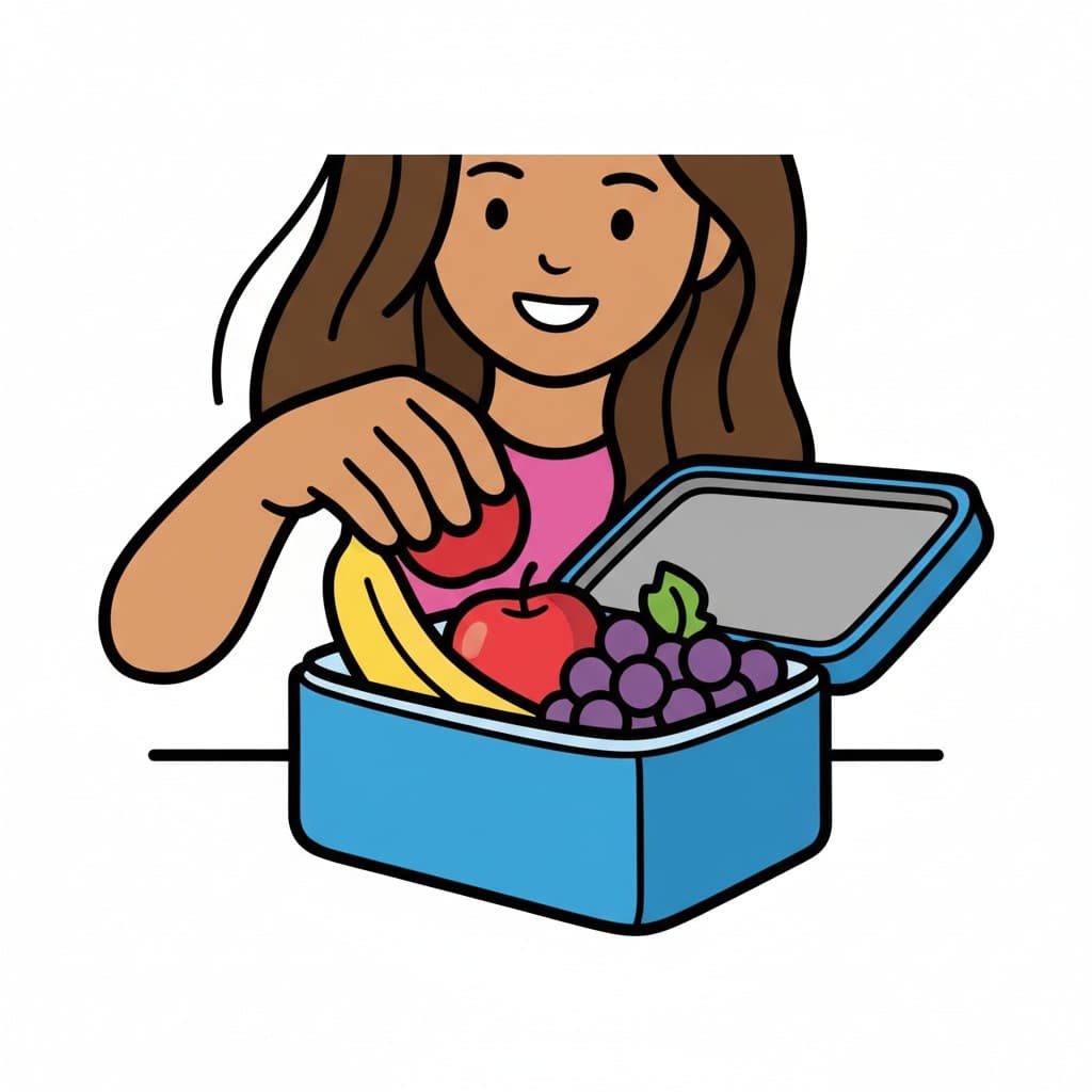 A person places a red fruit into a blue lunchbox already containing a banana, red apples, and grapes.