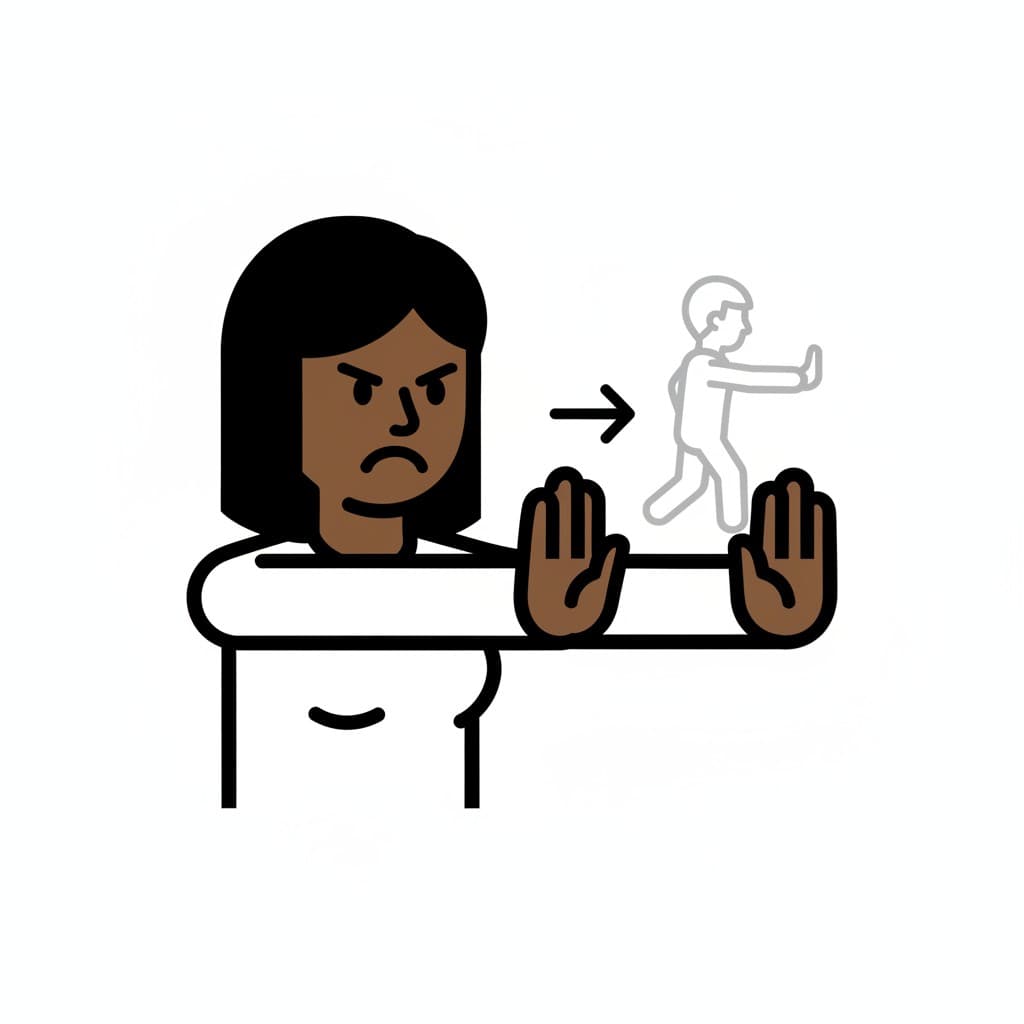 A woman with a concerned expression holds up her hands. A silhouette of a person walks away in the background with an arrow indicating direction.