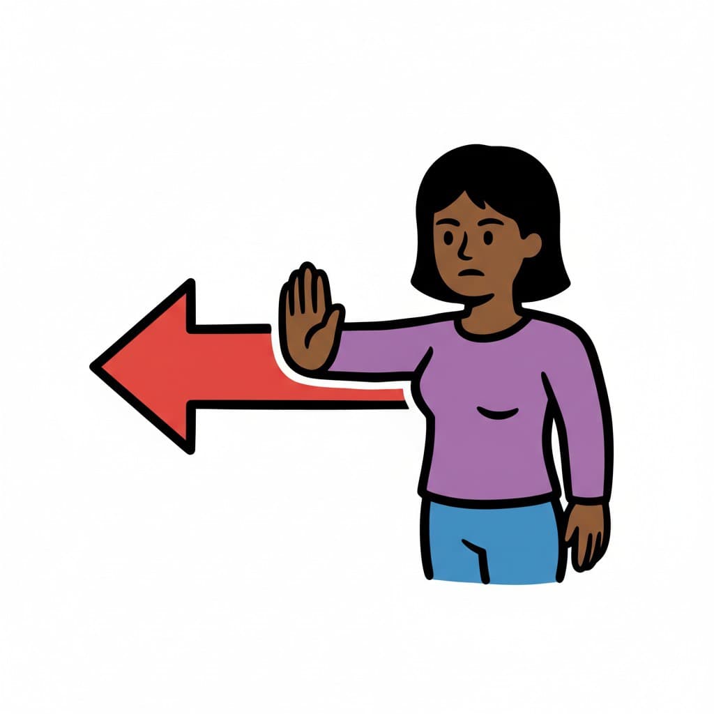 A woman holds up her hand against a large red arrow pointing to the left, indicating to go away or in that direction.