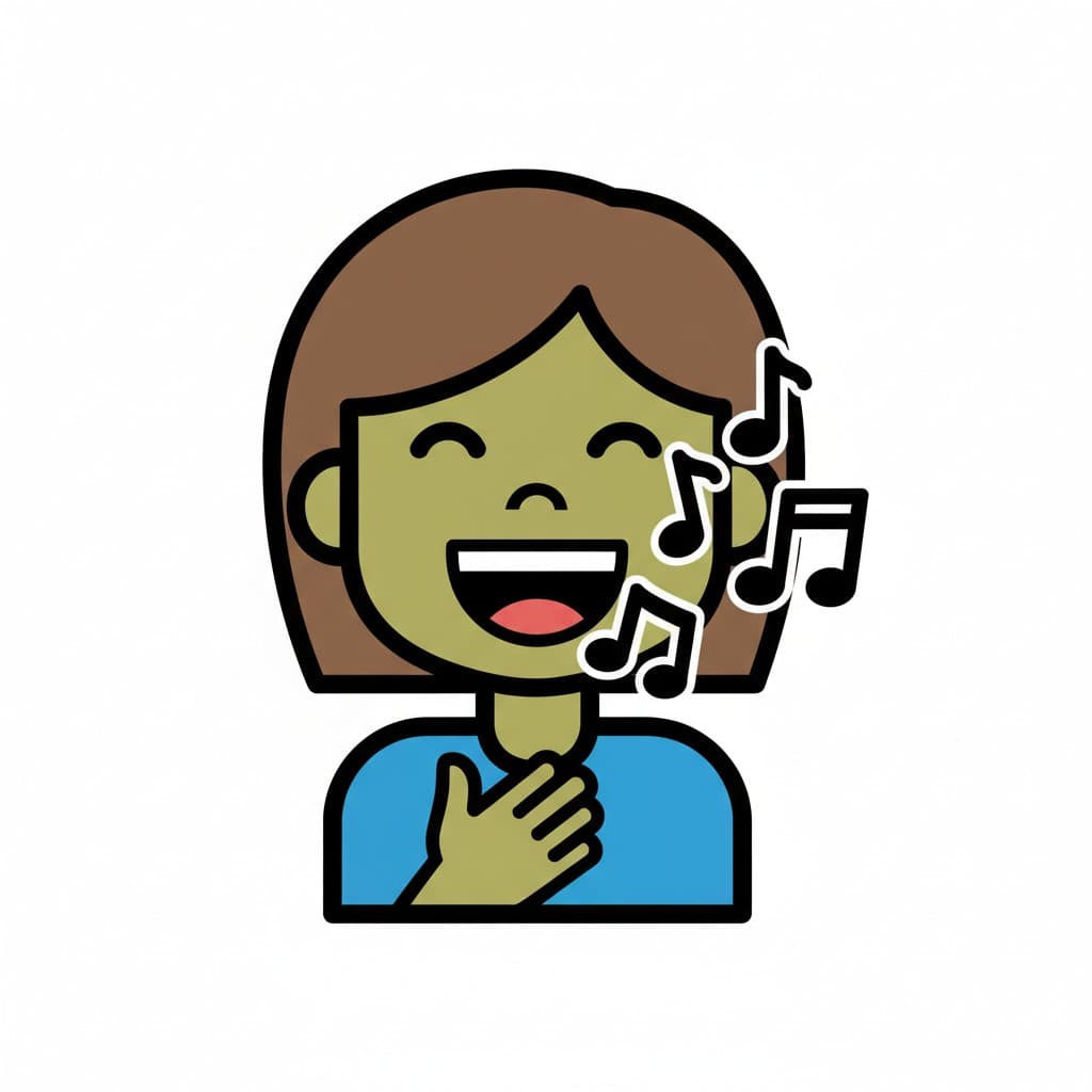 A person is happily singing with musical notes around them.