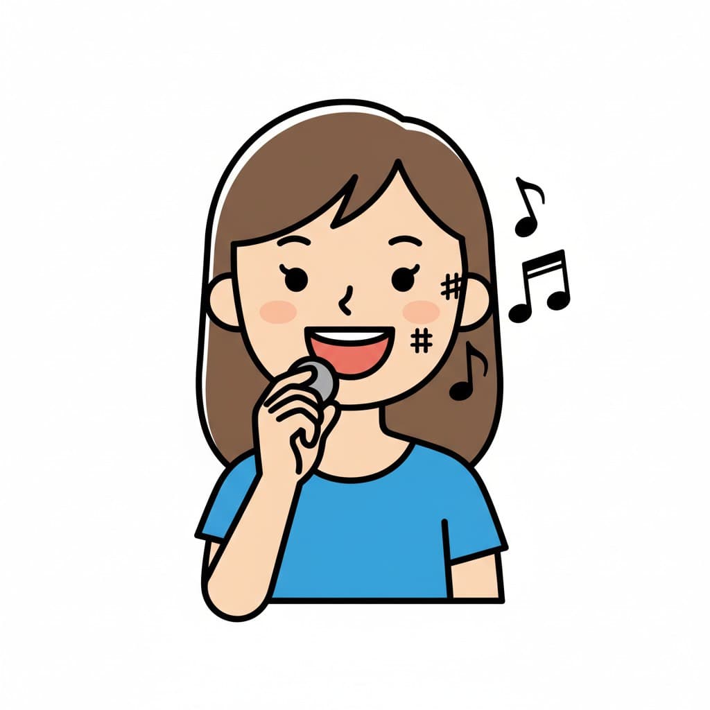 A person is singing into a microphone with musical notes.