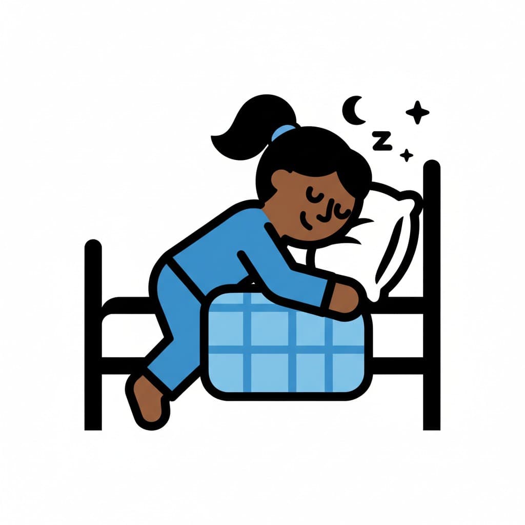 A person in blue pajamas is sleeping on their side in bed under a blue checkered blanket. Zzz marks and stars are above their head, indicating deep sleep.