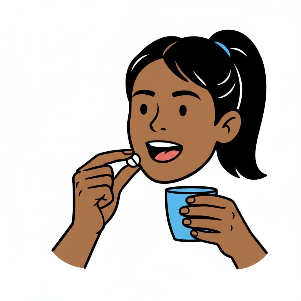 En person som tar en tablett med ett glas vatten.