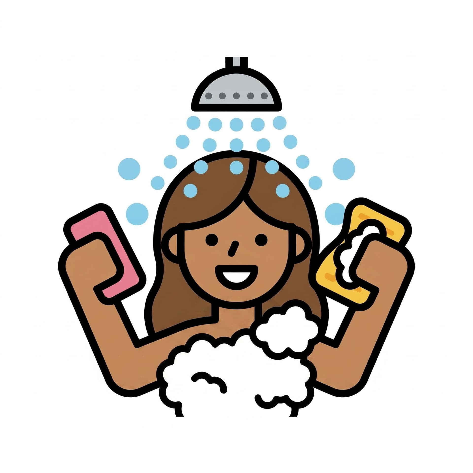 A woman taking a shower. She holds a bar of soap in one hand and a sponge with soap lather in the other, with water droplets from the showerhead.