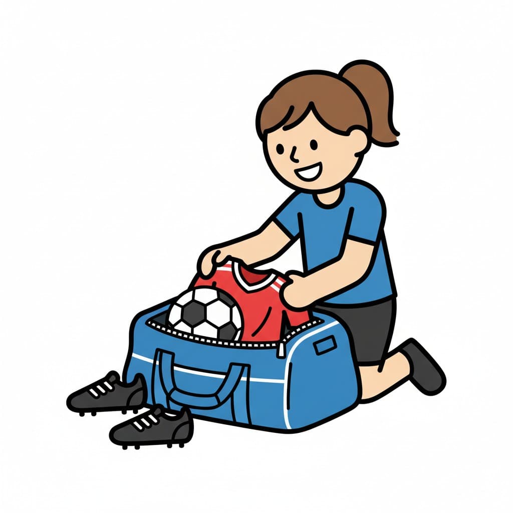 En person knäböjer och packar upp en fotbollströja och en fotboll ur en blå sportväska. Fotbollsskor ligger bredvid väskan.