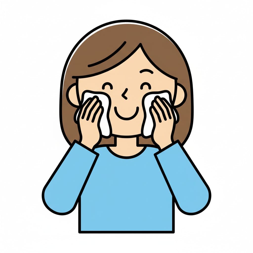 A girl wiping her face with two cloths.