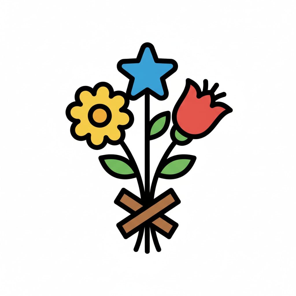 A bouquet with a yellow flower, a red bud, and a blue star, tied with a brown ribbon.