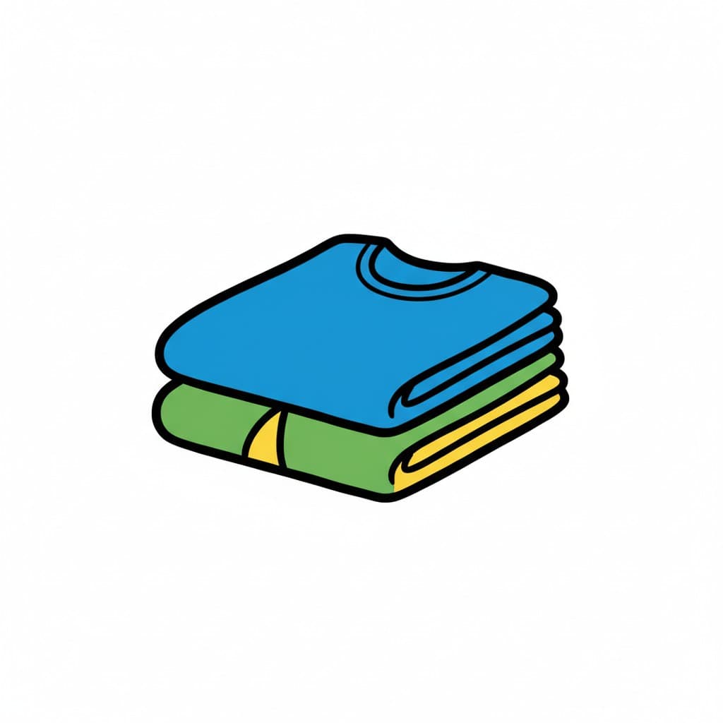 A stack of folded clothes, including a blue shirt and a green shirt.