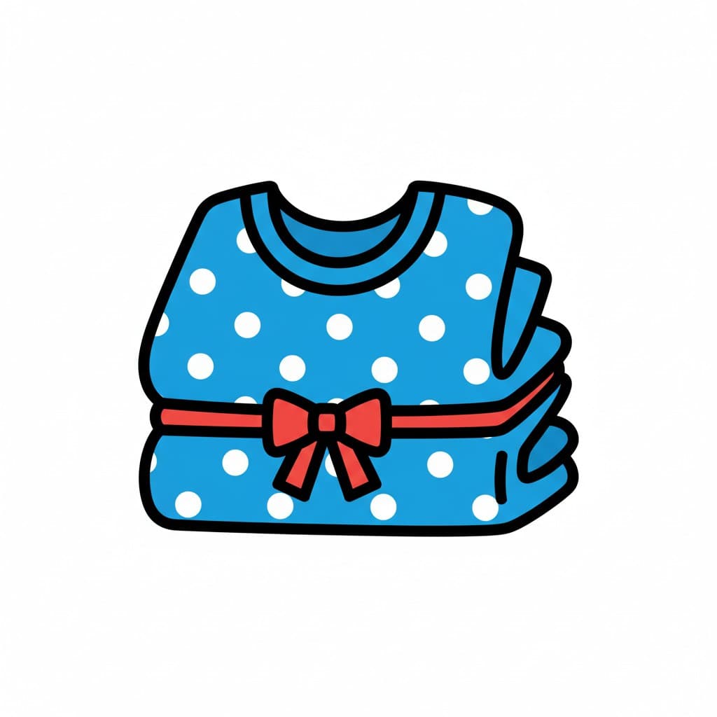 Ett par vikta blåprickiga pyjamas med en röd rosett.