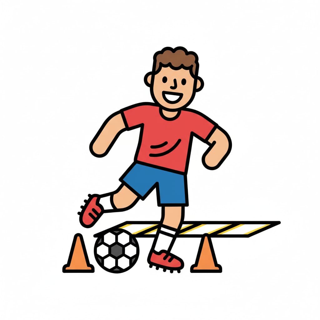 En illustrasjon av en person i rød skjorte og blå shorts, iført fotballsko, som dribler en fotball forbi oransje kjegler og en koordinasjonsstige.