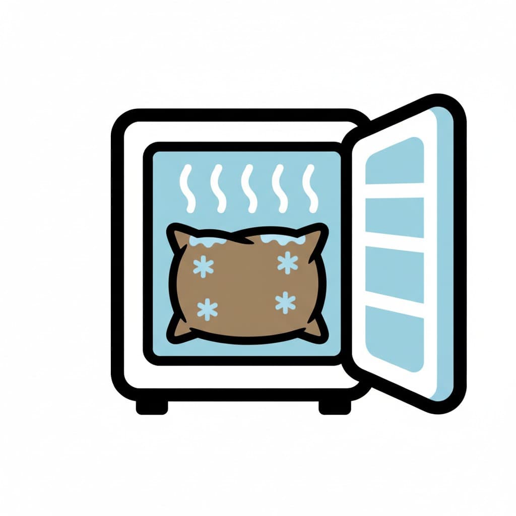 A wheat bag is placed inside an open freezer to cool down.