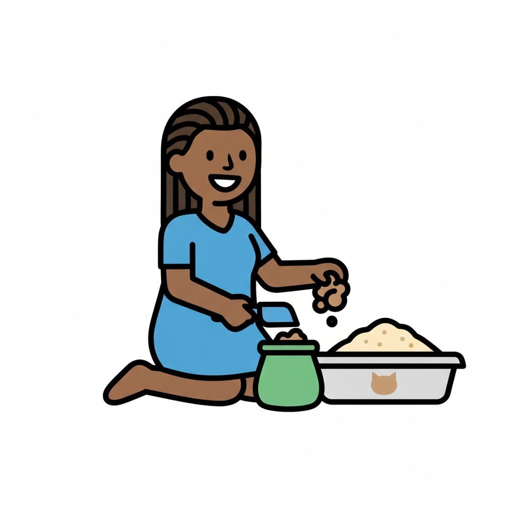 A girl kneeling, using a scoop to put fresh cat litter into a litter box.