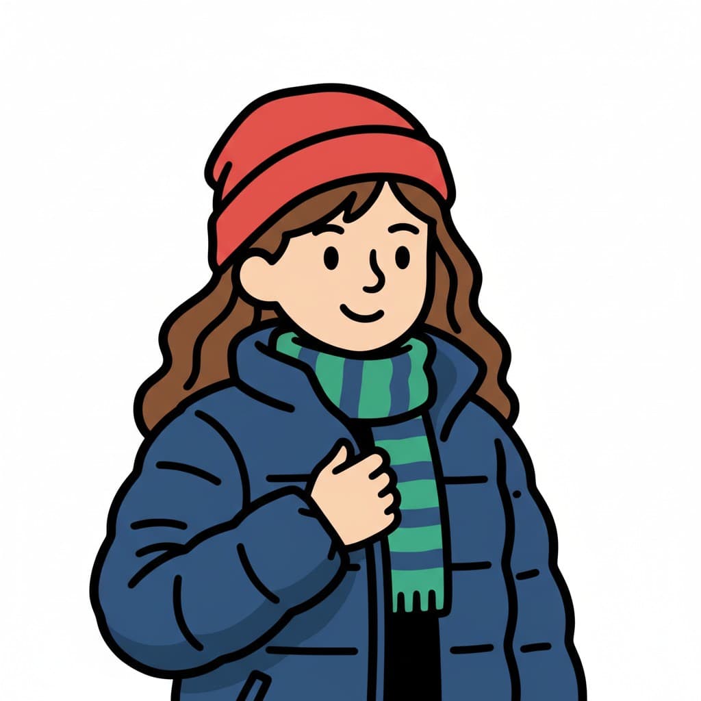 Ein Mädchen mit roter Mütze und gestreiftem grün-blauem Schal, das ihre blaue Daunenjacke richtet.