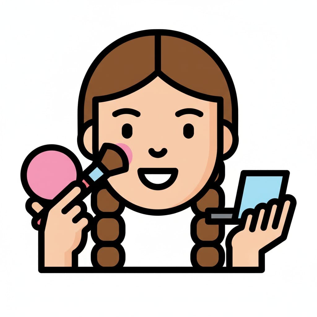 A girl applying blush with a brush while holding a mirror.