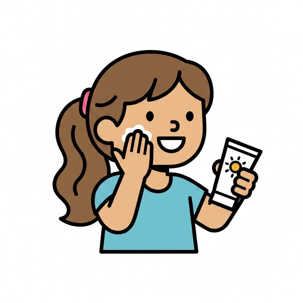 A girl with a ponytail applies sunscreen to her cheek with her hand and holds a tube of sunscreen.