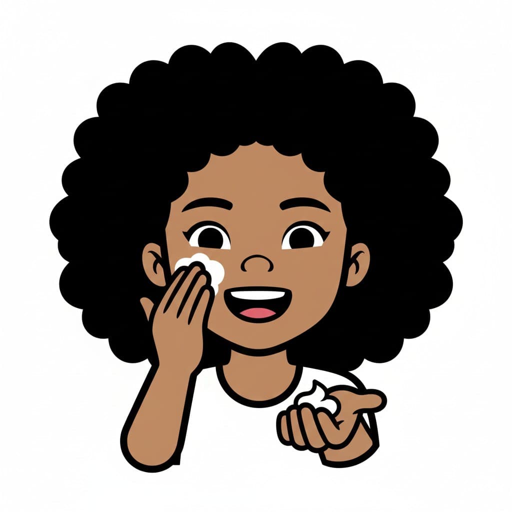 A girl applies sunscreen to her cheek with her hand, holding a blob of sunscreen in her other hand.