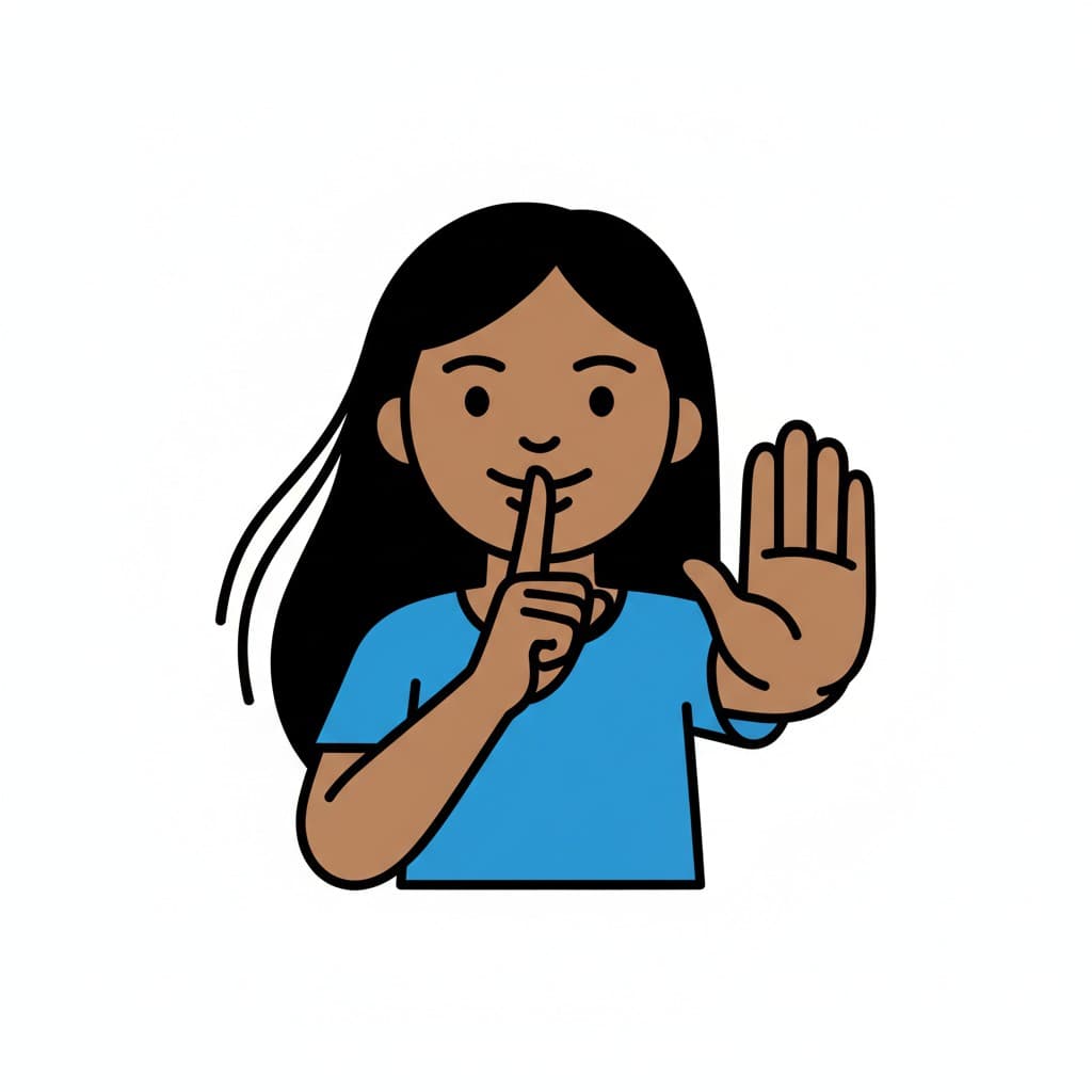 An illustration of a person holding a finger to their lips to signal to be quiet, and their other hand raised as a stop sign.
