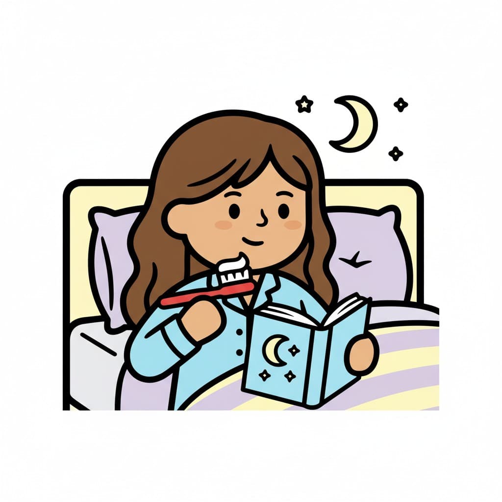 A girl in bed is brushing her teeth and reading a book. A moon and stars are visible in the background.