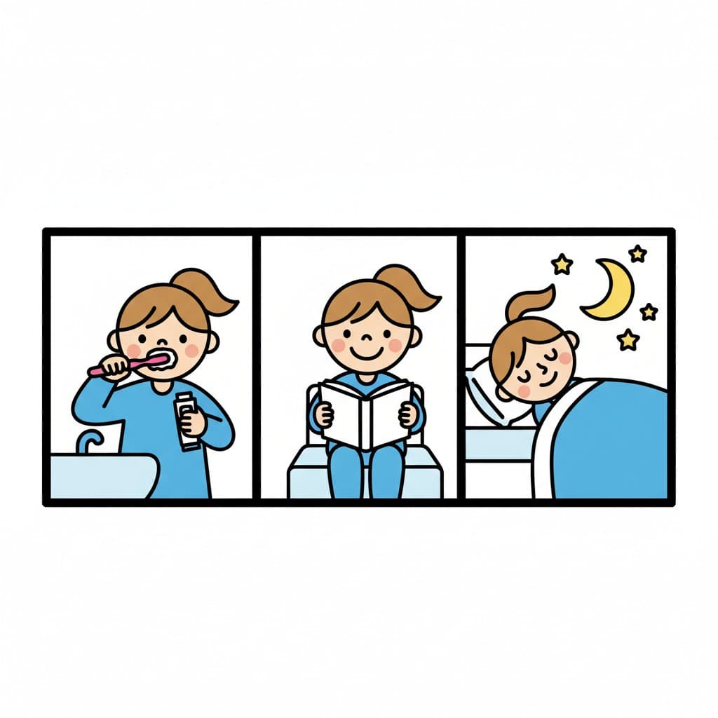 Drei Bildfelder zeigen die Abendroutine eines Mädchens: zuerst putzt es am Waschbecken die Zähne, dann liest es im Bett ein Buch und schließlich schläft es unter Mond und Sternen.