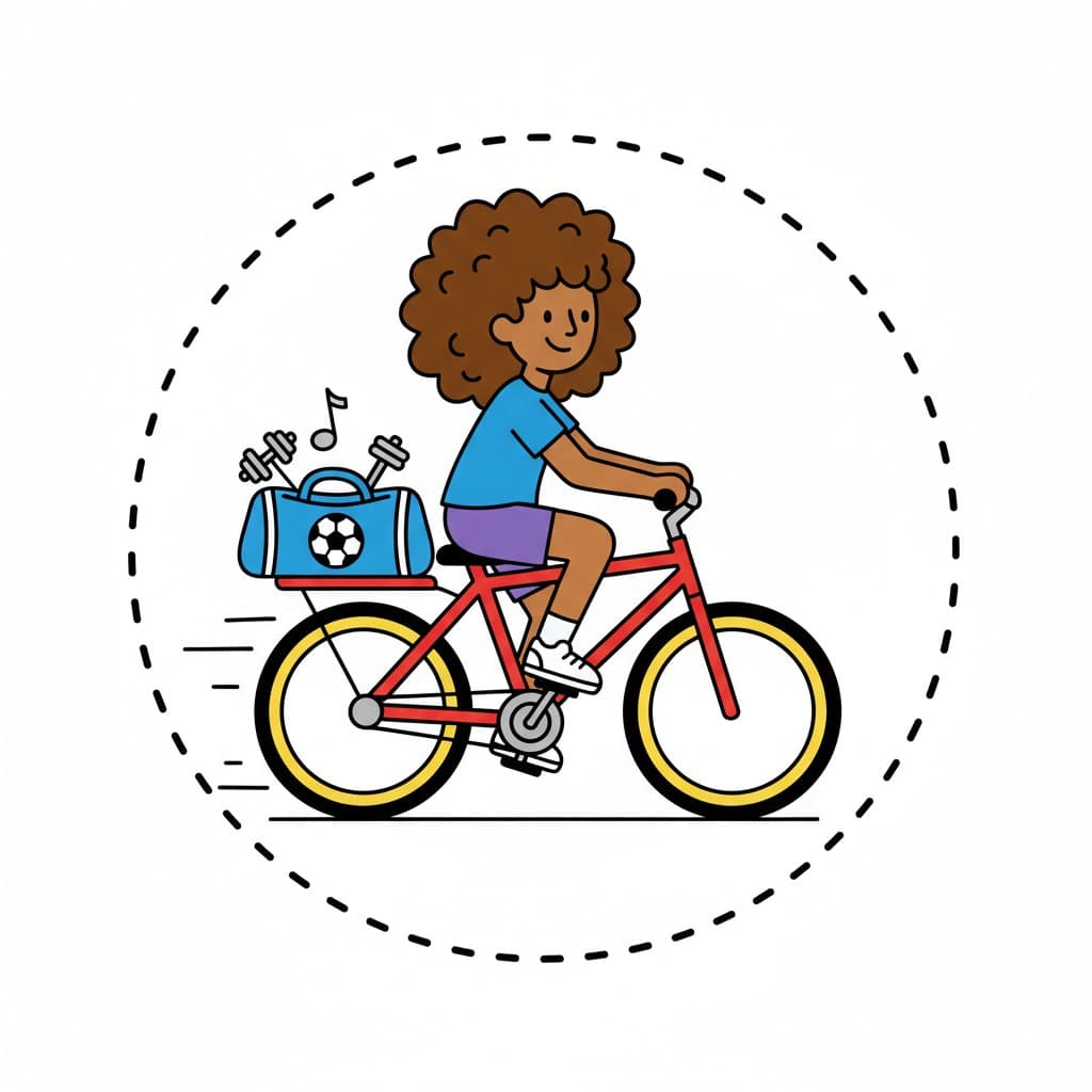 A girl riding a bike with a sports bag on the back.