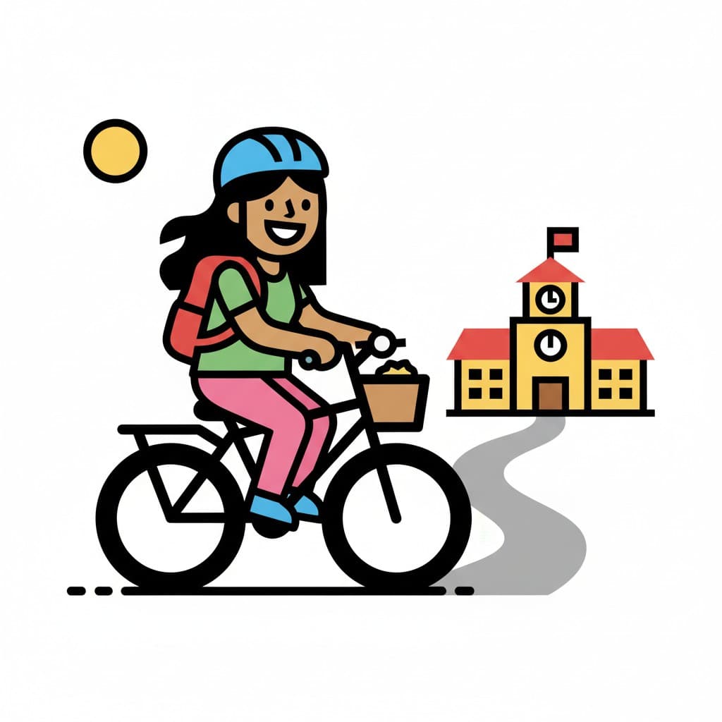 A happy girl with a bike helmet and backpack bikes towards a school building.