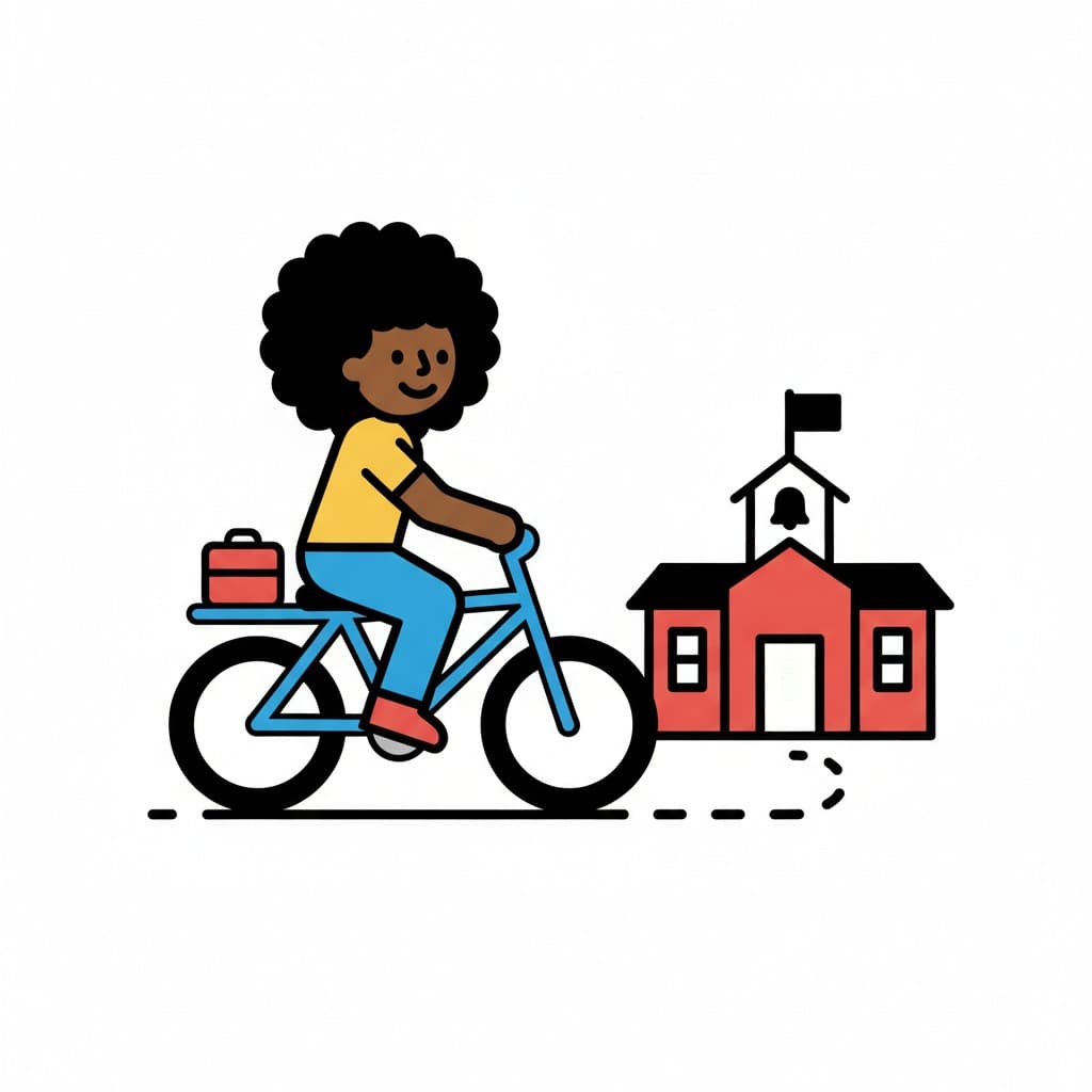 En pige i gul bluse cykler på en blå cykel med en rød taske på bagagebæreren hen mod en rød skole med klokketårn.