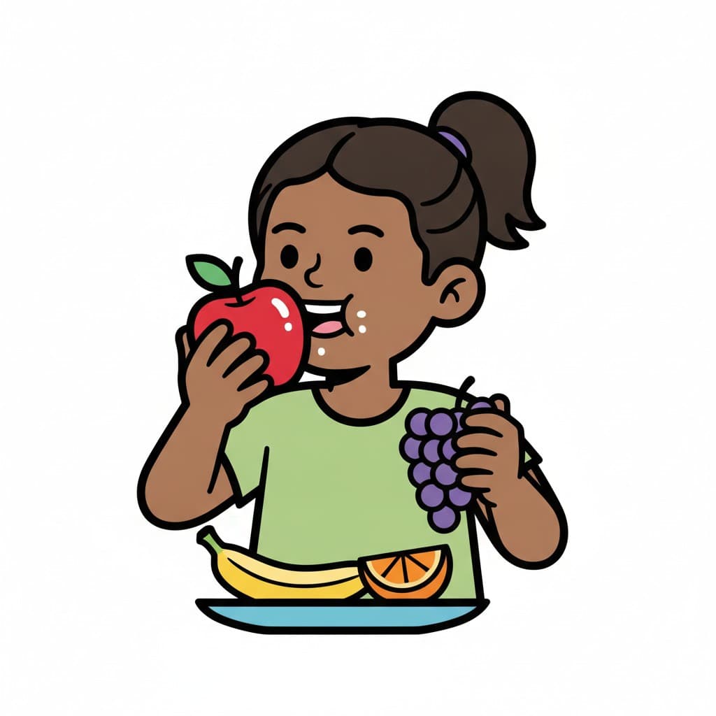 En flicka i grön t-shirt biter i ett rött äpple och håller en klase blå vindruvor, framför henne ligger en banan och en apelsinskiva på ett fat.