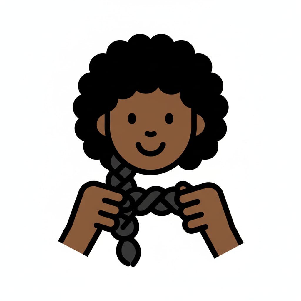 A person with curly hair braiding their hair.