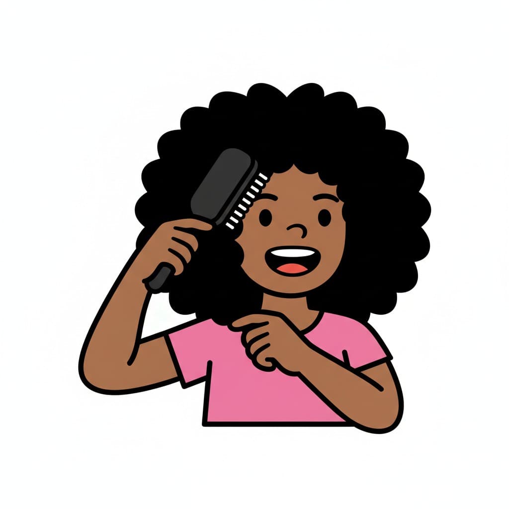 A girl brushes her curly hair with a brush.